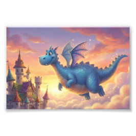 城の上を飛ぶかわいい青いドラゴン フォトプリント           