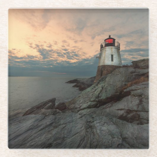 城の丘の灯台の日没 ガラスコースター (正面)