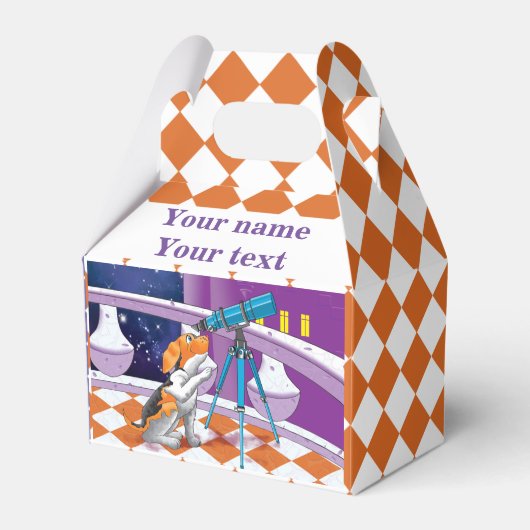 城の中に浮かぶベージュの子犬と望遠鏡 フェイバーボックス (正面サイド)