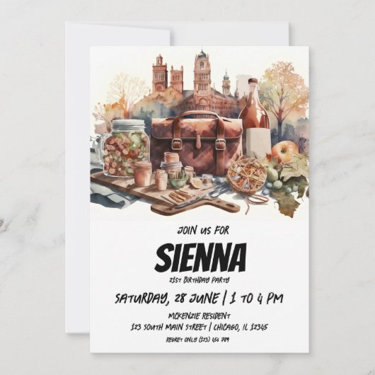 城の景色を望む夏のピクニックへの招待 招待状 (正面)