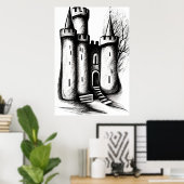 城の白黒のスケッチ | AIアートポスター ポスター (ホームオフィス)