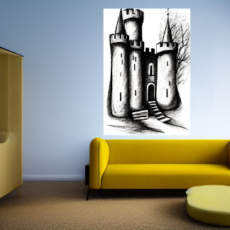 城の白黒のスケッチ | AIアートポスター ポスター