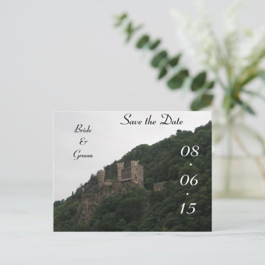 城の結婚式の日付を保存 案内ポストカード (スタンド正面)