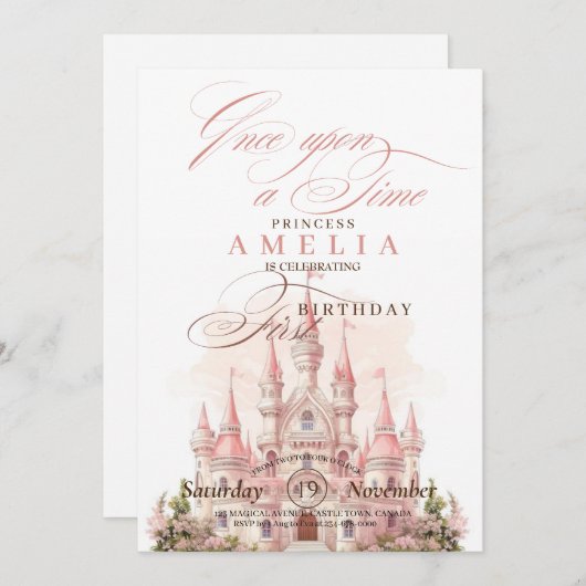 城プリンセスピンク1st誕生日パーティー 招待状 (正面/裏面)