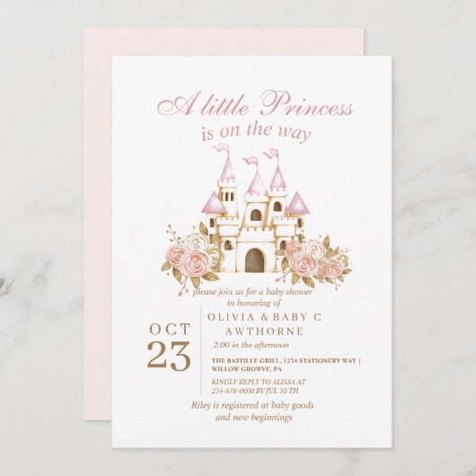 城プリンセス王室のベビーシャワー 招待状 (正面/裏面)