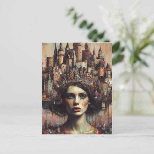 城下町を頭に抱えたおとぎ話の女性 ポストカード (スタンド正面)