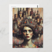 城下町を頭に抱えたおとぎ話の女性 ポストカード (正面/裏面)