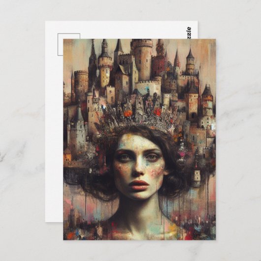 城下町を頭に抱えたおとぎ話の女性 ポストカード (正面/裏面)