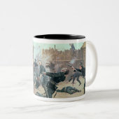 城砦の防御: インディアンは米国の騎兵隊を攻撃します ツートーンマグカップ (正面右)