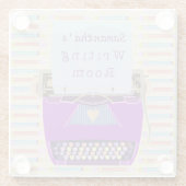 執筆部屋の作家の名前をカスタムするの紫色のタイプライター ガラスコースター (裏面)