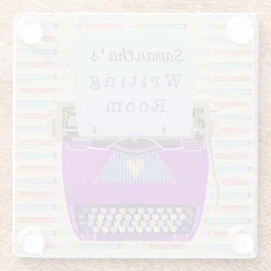 執筆部屋の作家の名前をカスタムするの紫色のタイプライター ガラスコースター (裏面)