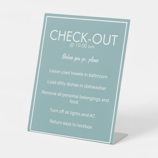 基本モダンティール（緑がかった色）ゲストチェックアウトのテーブルの署名 台座サイン (正面)