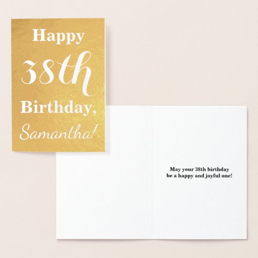 基本的なゴールドフォイル「HAPPY 38th BIRTHDAY」; 名前変更可能 箔カード (ディスプレー)