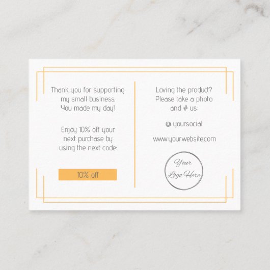 基本的なホワイトオレンジ色のロゴビジネスサンキューカード 名刺 (裏面)