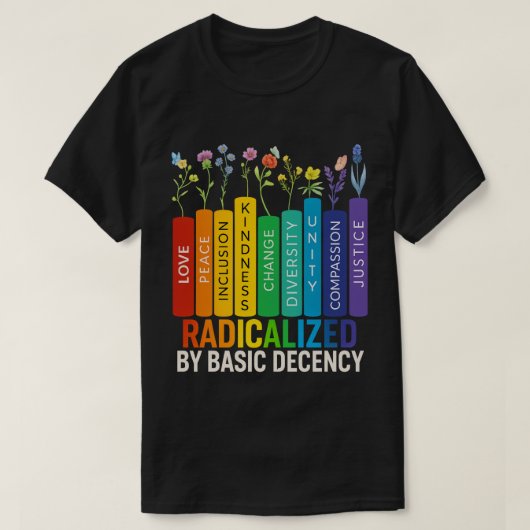 基本的な善良さに目覚めたカラフルな本と花 Tシャツ (デザイン正面)