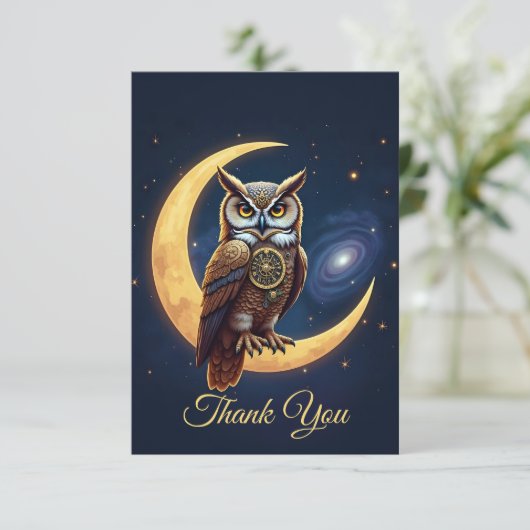 堂々たる時計仕掛けのフクロウが三日月に腰かけている サンキューカード (スタンド正面)