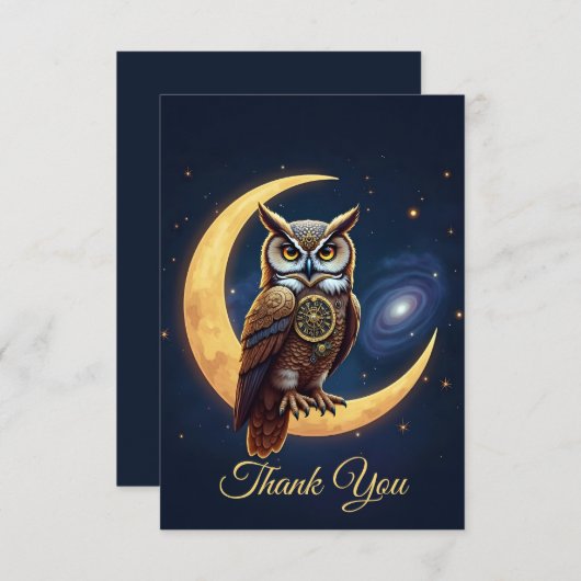 堂々たる時計仕掛けのフクロウが三日月に腰かけている サンキューカード (正面/裏面)