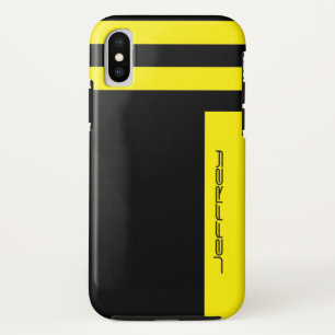 堅い黄色及び黒い対面ストライプな名前をカスタムする iPhone X ケース