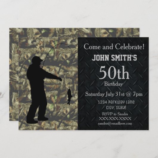 堅牢迷彩柄アダルト魚釣り誕生日招待状 招待状 (正面/裏面)