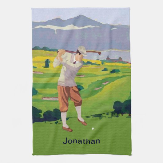 場面をゴルフをするパーソナライズなヴィンテージのスタイルの高地 キッチンタオル (縦)