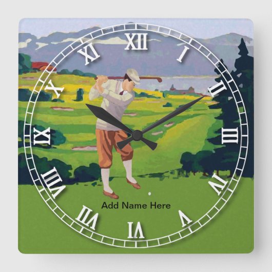 場面をゴルフをするパーソナライズなヴィンテージのスタイルの高地 スクエア壁時計 (正面)