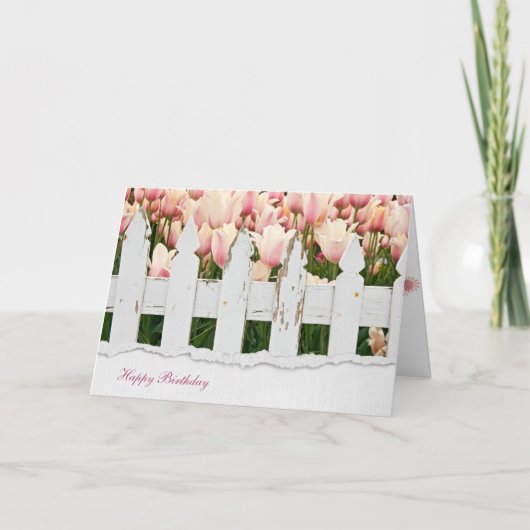塀およびチューリップの誕生日 カード (正面)
