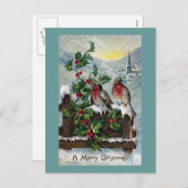 塀のアンティークのクリスマスの英国のロビン シーズンポストカード (正面/裏面)