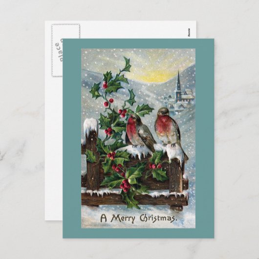 塀のアンティークのクリスマスの英国のロビン シーズンポストカード (正面/裏面)