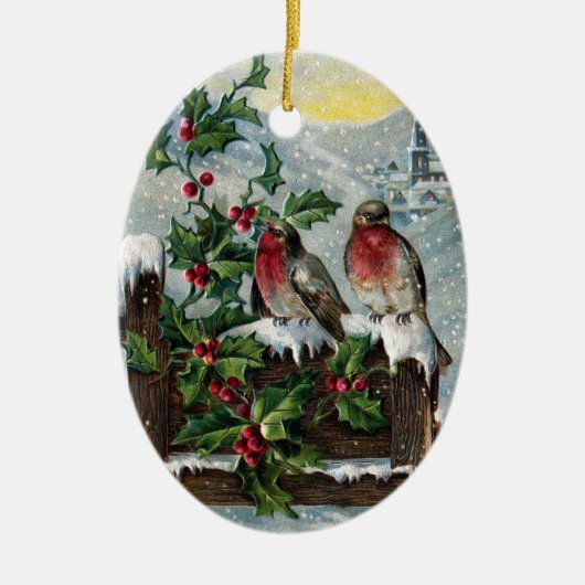 塀のヴィンテージのクリスマスの英国のロビン セラミックオーナメント (正面)