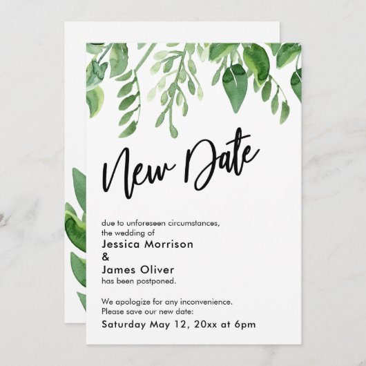 塗られた緑延期結婚式新しい日付カード 招待状 (正面/裏面)