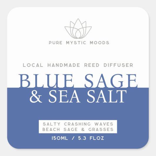 塩と海のセージ青いリードのディフューザー製品ラベル スクエアシール (正面)
