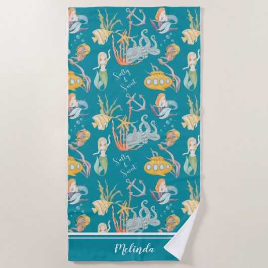 塩と甘い人魚の海キャラクター ビーチタオル (正面)