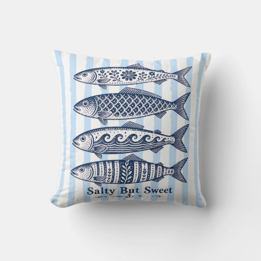塩気と甘さ ブルー ストライプ nautical fish クッション (正面)