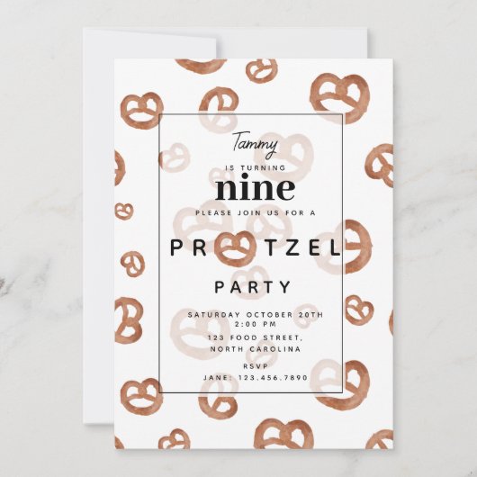 塩漬けソフトウォーターカラープレッツェルバースデーパーティー 招待状 (正面)