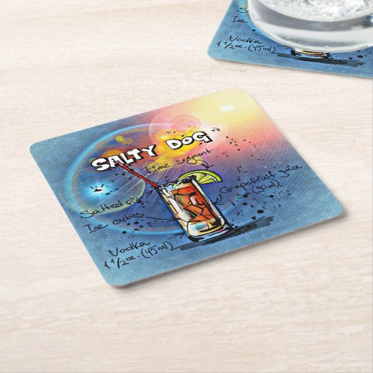 塩辛いドッグカクテル(12ドリンクレシピセットの#6) スクエアペーパーコースター (アングル)