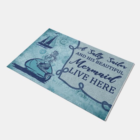 塩辛い船乗りと美しい人魚の青 ドアマット (アングル)