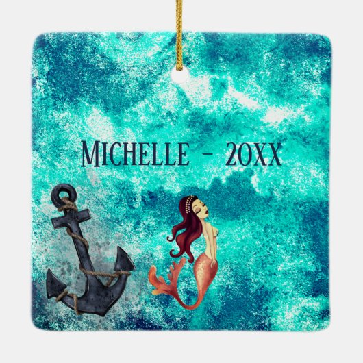 塩辛パーソナライズされたい人魚といかりのクリスマス セラミックオーナメント (裏面)