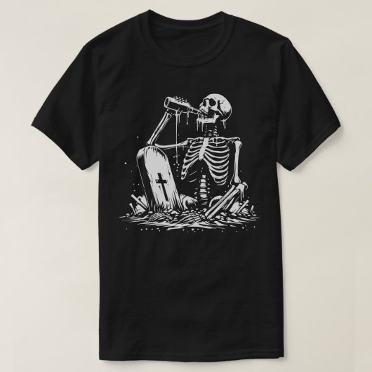 墓の中でビールを飲むスケルトン Tシャツ (デザイン正面)