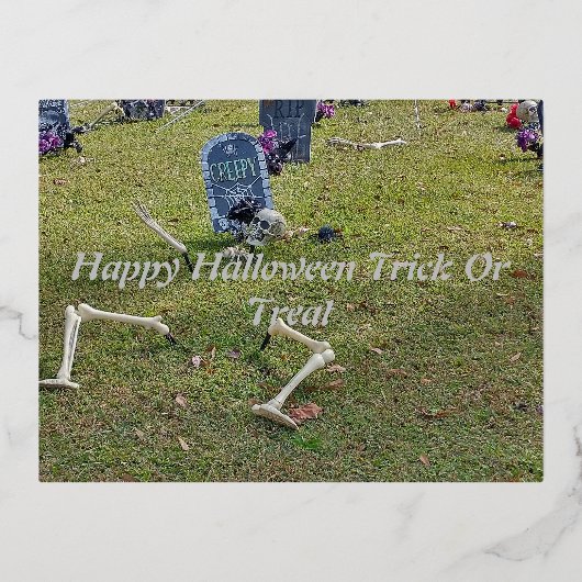 墓の墓地の骨格ハロウィーン墓石 箔シーズンポストカード (正面)