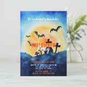 墓地に沈む夕日とハロウィンパーティーのコウモリ 招待状 (スタンド正面)