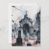 墓地に沈む夕日とハロウィンパーティーのコウモリ 招待状 (裏面)