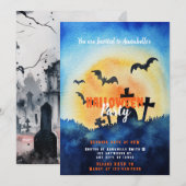 墓地に沈む夕日とハロウィンパーティーのコウモリ 招待状 (正面/裏面)