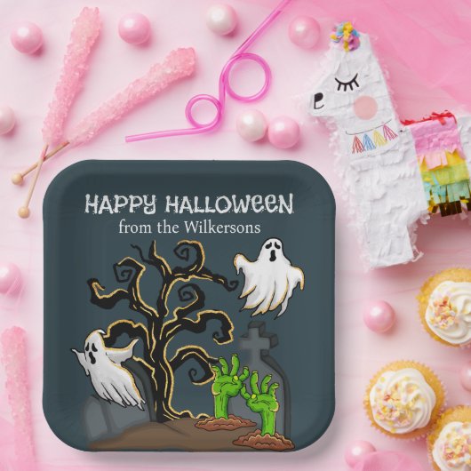 墓地のゾンビとゴーストがかわいいハロウィンパーティー ペーパープレート (パーティー)