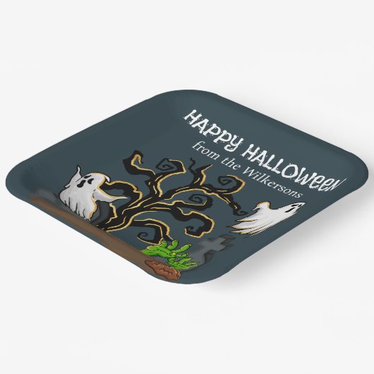 墓地のゾンビとゴーストがかわいいハロウィンパーティー ペーパープレート (傾斜あり)