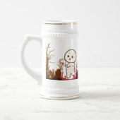 墓地の可愛いハロウィン不気味ミイラおもしろい- & ビールジョッキ (左)