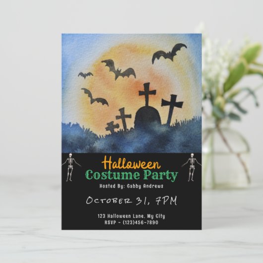 墓地の墓こうもりフルムーンブラックハロウィーン 招待状 (スタンド正面)