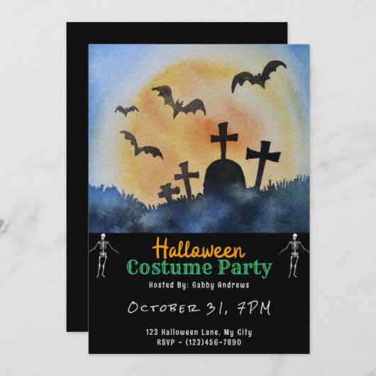 墓地の墓こうもりフルムーンブラックハロウィーン 招待状 (正面/裏面)