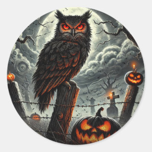 墓地の夜ふけのフクロウ 不気味なシーズンの光るハロウィンパーティー ラウンドシール