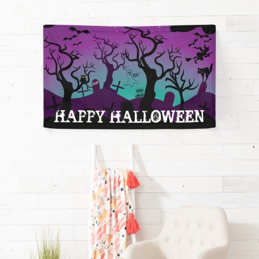 墓地の黒、紫、ターコイズハロウィーン 横断幕 (インサイチュ)