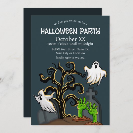 墓地ゾンビと幽霊かわいいハローウィンパーティ 招待状 (正面/裏面)
